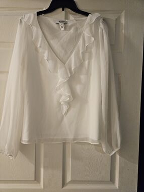 White House Black Market White Ruffle V-Neck Chiffon Blouse